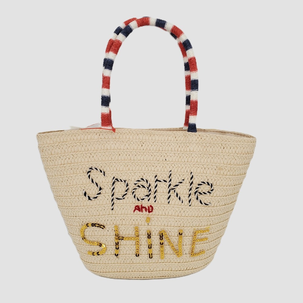 Cat & Jack Kids Straw Tote Bag Natural Sparkle and Shine Multi Color New